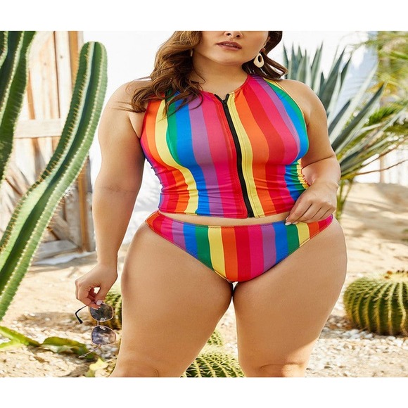 Color striped plus size swimsuit bikini women beach wear - Picture 3 of 6